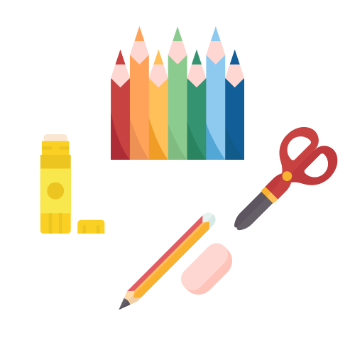 utstyr, blyant, visk, saks, lim, fargeblyanter